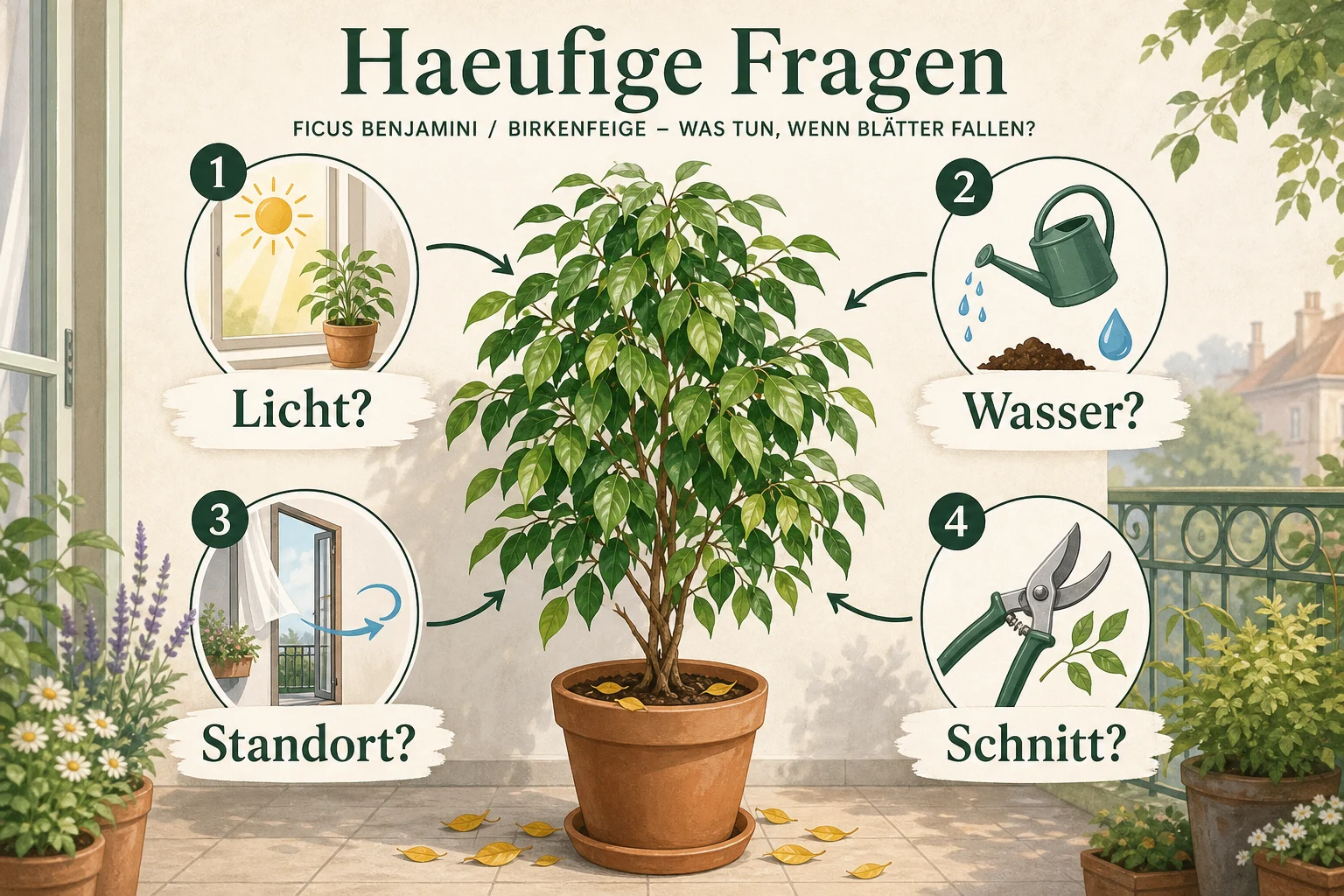 Infografik: Häufige Fragen - Ficus benjamini Pflege: Blätter fallen? Ratgeber für gesunde Zimmerfeigen