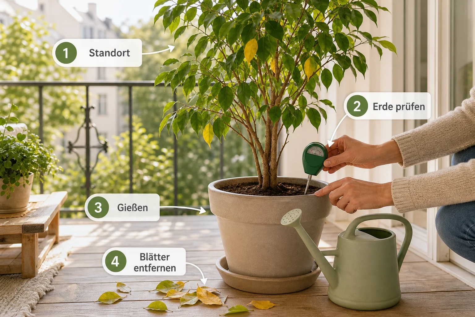Infografik: Schritt-für-Schritt-Anleitung - Ficus Benjamini Pflege Blätter Fallen: Anleitung, Tipps und häufige Fehler