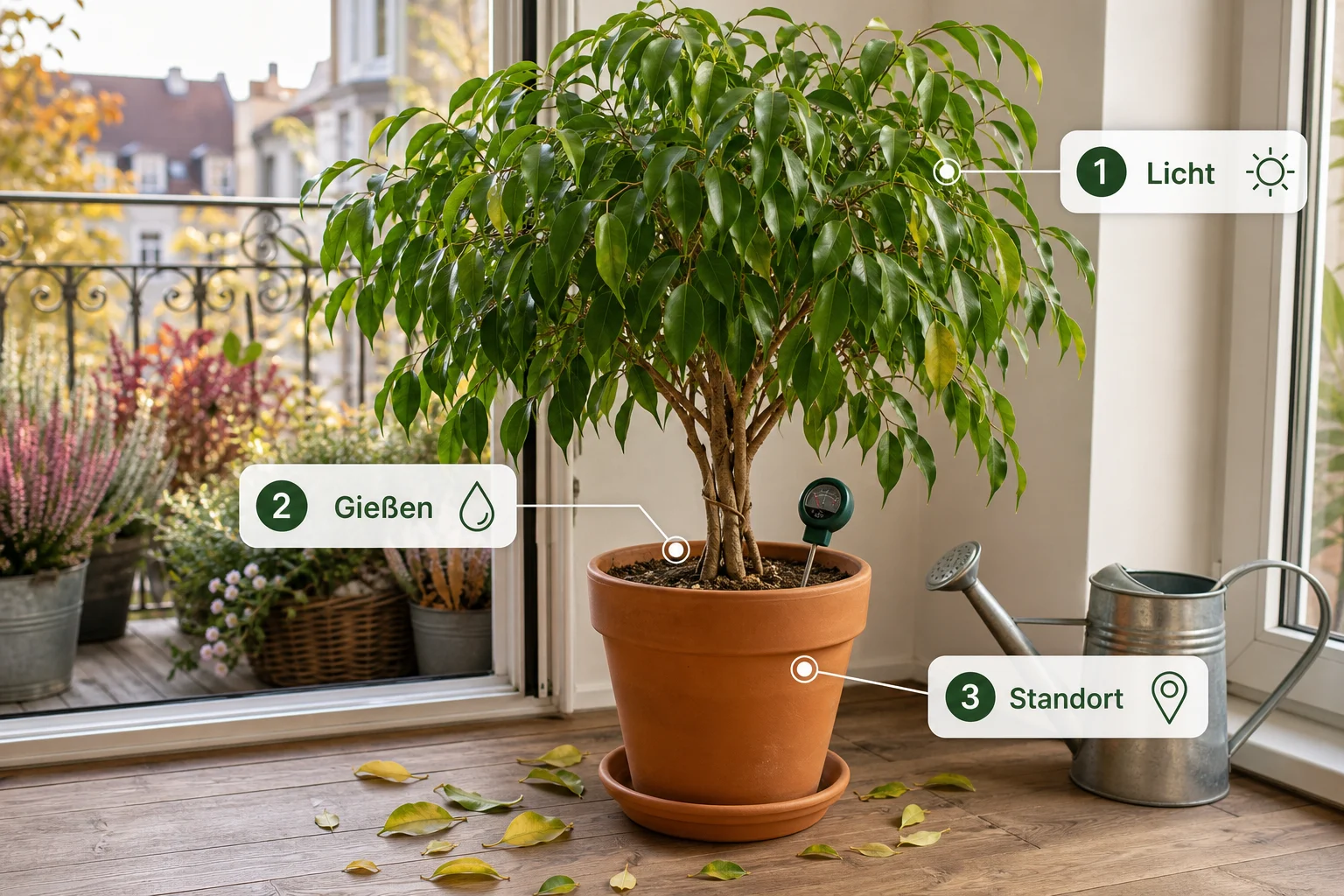 Infografik: Pflege, Timing und saisonale Besonderheiten - Ficus Benjamini Pflege Blätter Fallen: Anleitung, Tipps und häufige Fehler