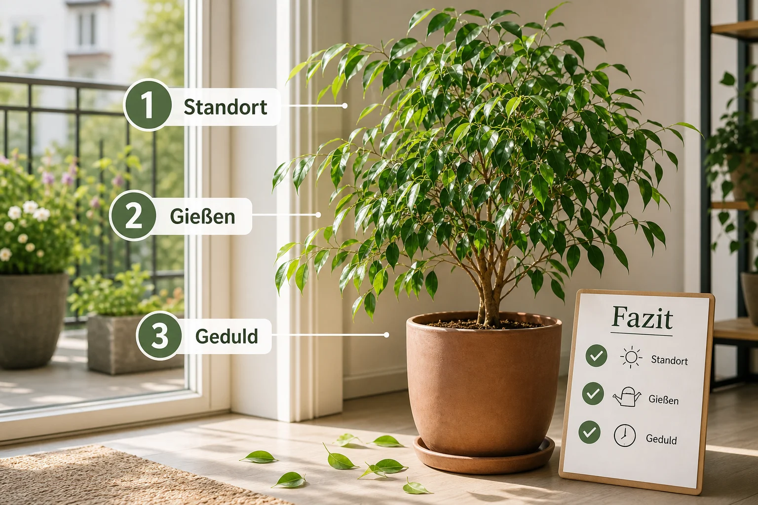 Infografik: Fazit - Ficus Benjamini Pflege Blätter Fallen: Anleitung, Tipps und häufige Fehler