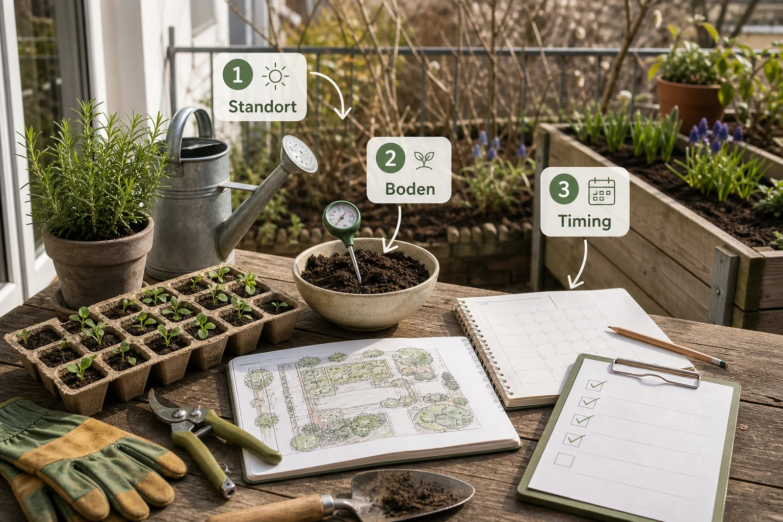 Infografik: Voraussetzungen, Standort und richtige Planung - Garten Frühling Checkliste Arbeiten: praktische Checkliste