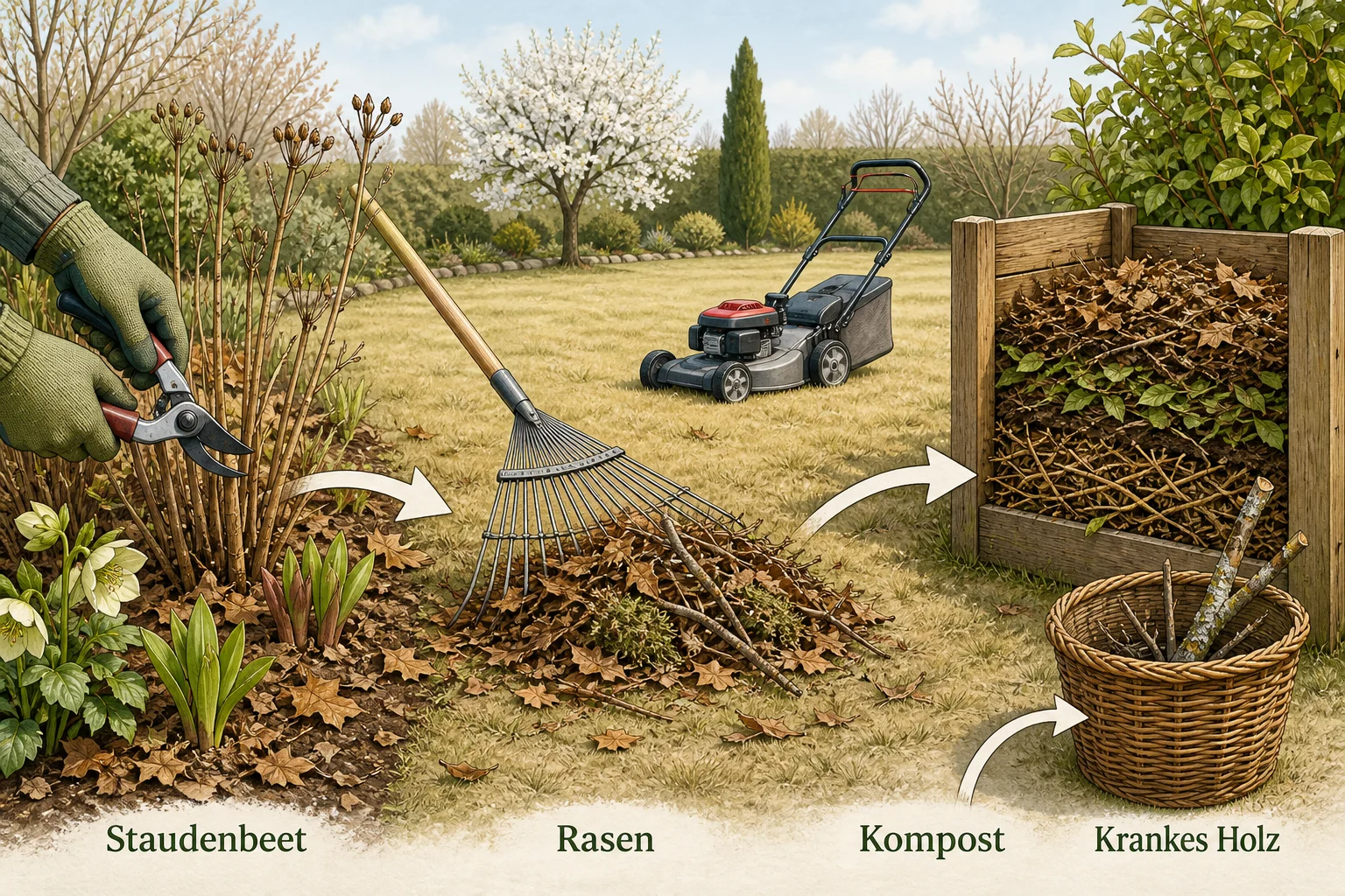 Infografik: Laub, Staudenreste und Schnittgut: Welche Methode passt zu welchem Bereich? - Garten nach Winter aufräumen: Ratgeber für einen guten Start ins Frühjahr
