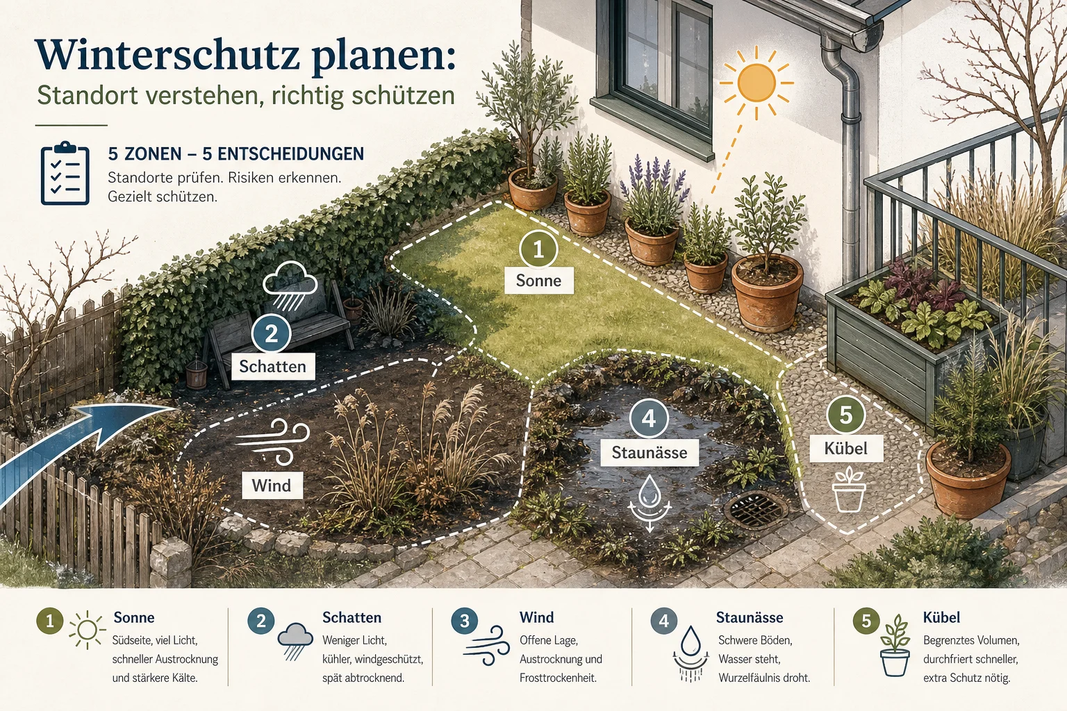 Infografik: Welche Voraussetzungen, Standorte und Planungsfragen entscheiden über den Winterschutz? - Garten Winterfest Machen Checkliste: praktische Checkliste
