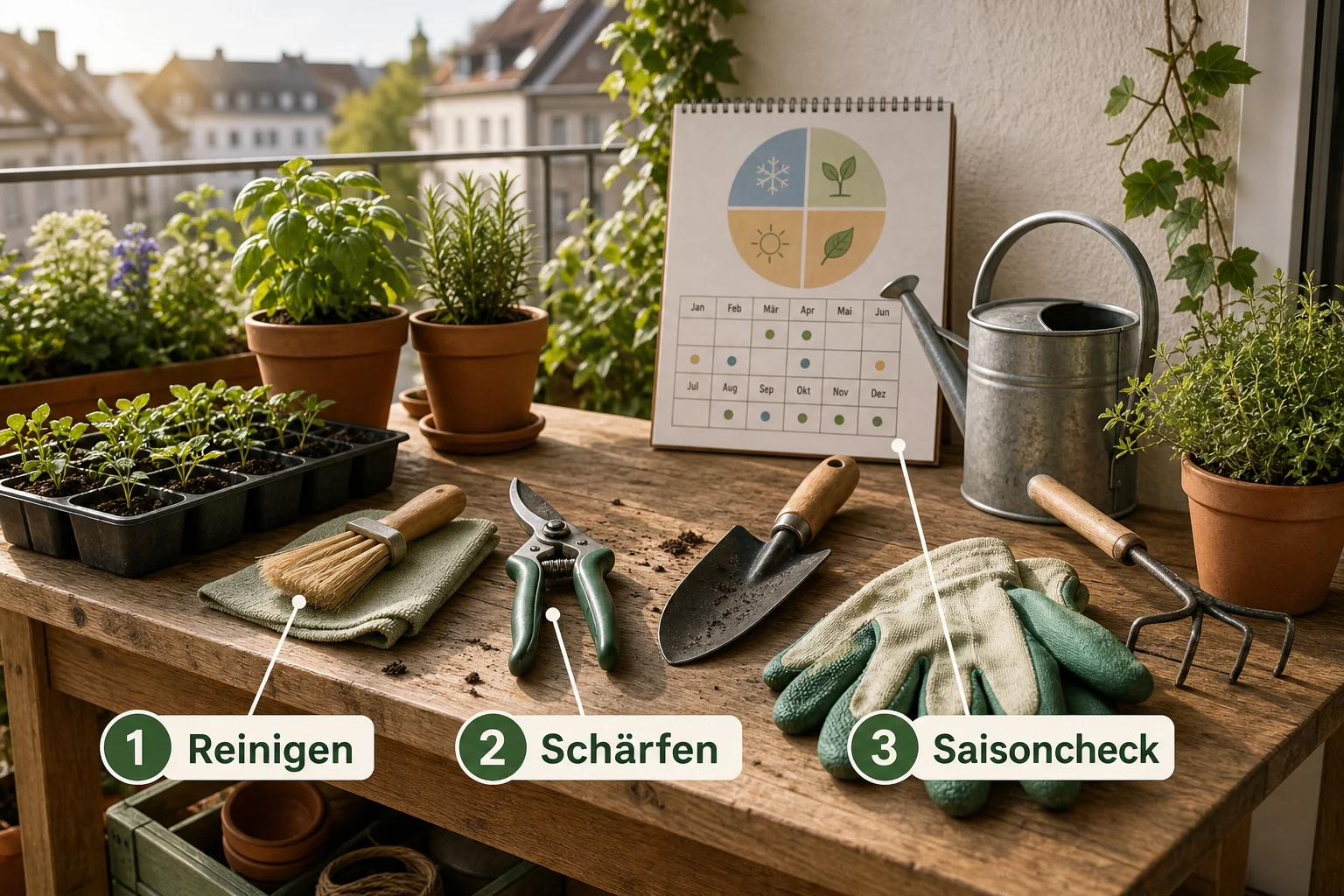 Infografik: Pflege, Timing und saisonale Besonderheiten - Gartengeräte Grundausstattung Anfänger: Anleitung, Tipps und häufige Fehler