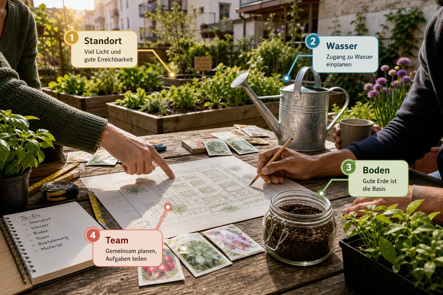 Infografik: Voraussetzungen, Standort und richtige Planung - Gemeinschaftsgarten Anlegen Organisation: Anleitung, Tipps und häufige Fehler