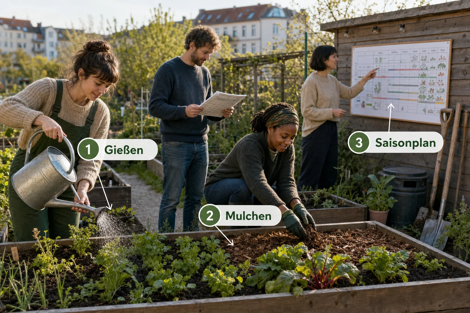 Infografik: Pflege, Timing und saisonale Besonderheiten - Gemeinschaftsgarten Anlegen Organisation: Anleitung, Tipps und häufige Fehler