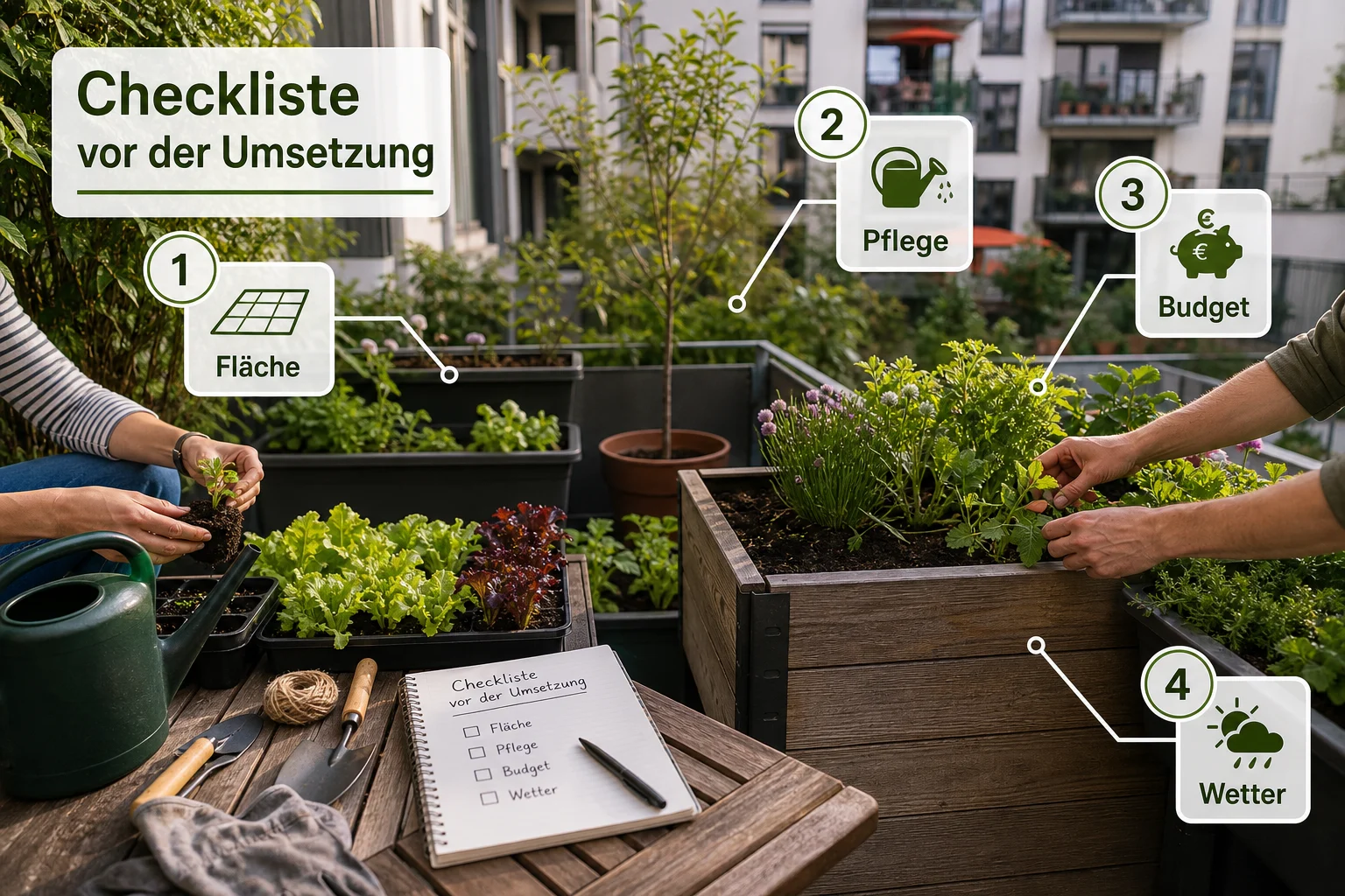 Infografik: Checkliste vor der Umsetzung - Gemeinschaftsgarten Anlegen Organisation: Anleitung, Tipps und häufige Fehler
