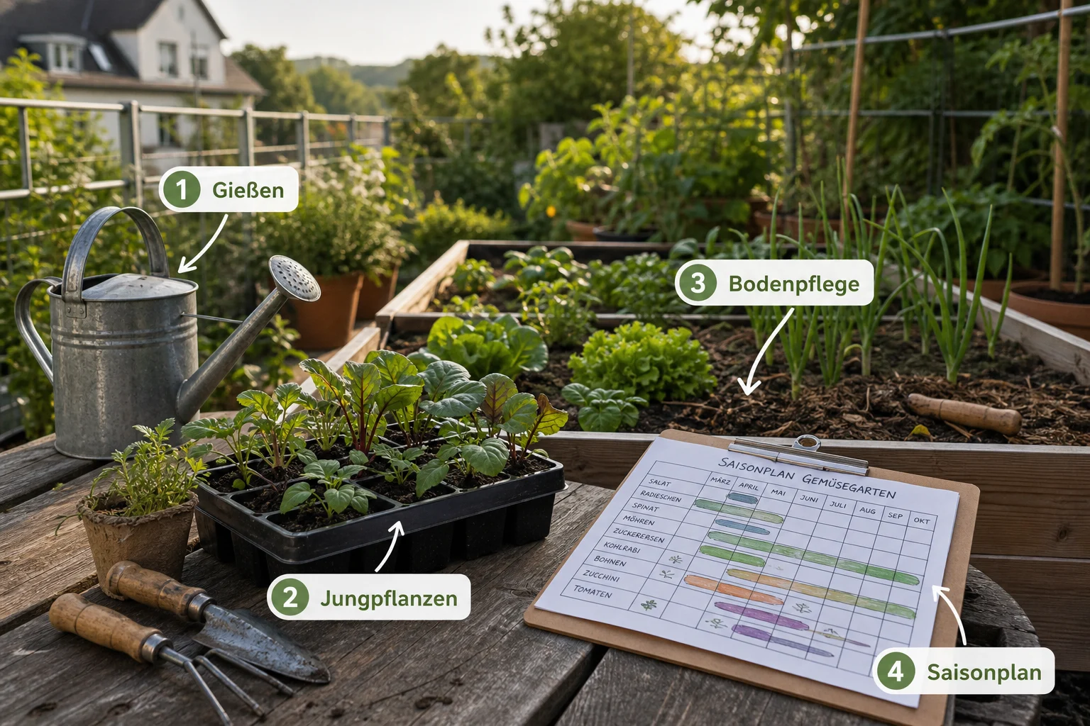 Infografik: Pflege, Timing und saisonale Besonderheiten - Gemüsegarten Anlegen Anfänger Plan: Anleitung, Tipps und häufige Fehler