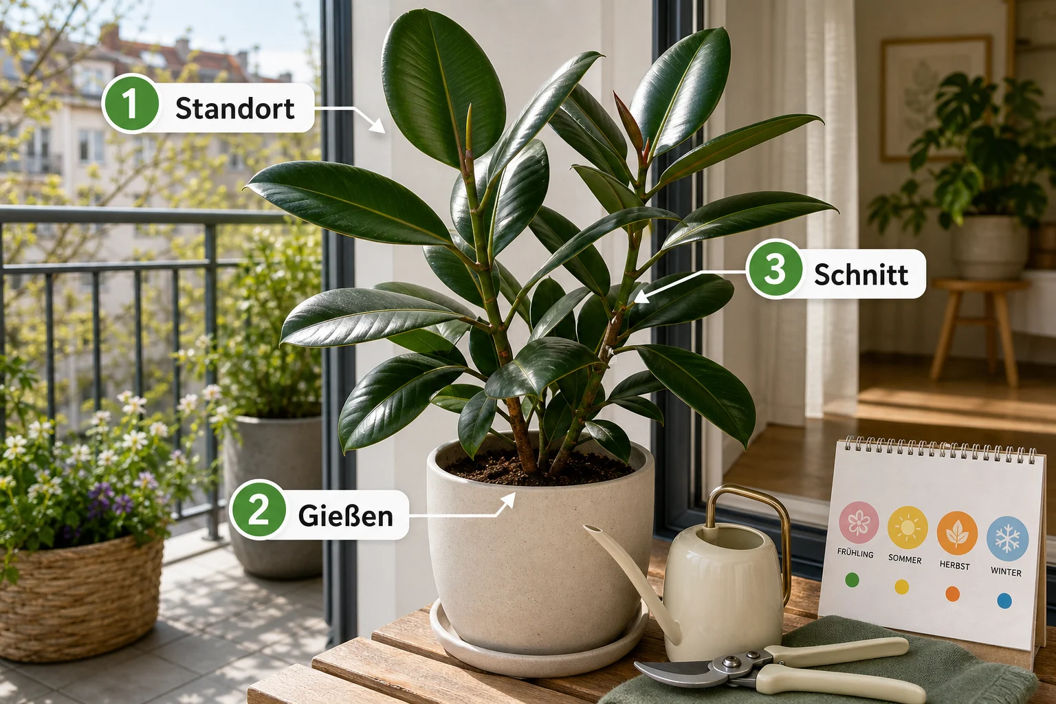 Infografik: Pflege, Timing und saisonale Besonderheiten - Gummibaum Pflege Schneiden Standort: Anleitung, Tipps und häufige Fehler