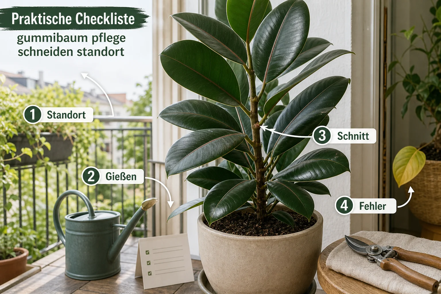 Infografik: Praktische Checkliste - Gummibaum Pflege Schneiden Standort: Anleitung, Tipps und häufige Fehler