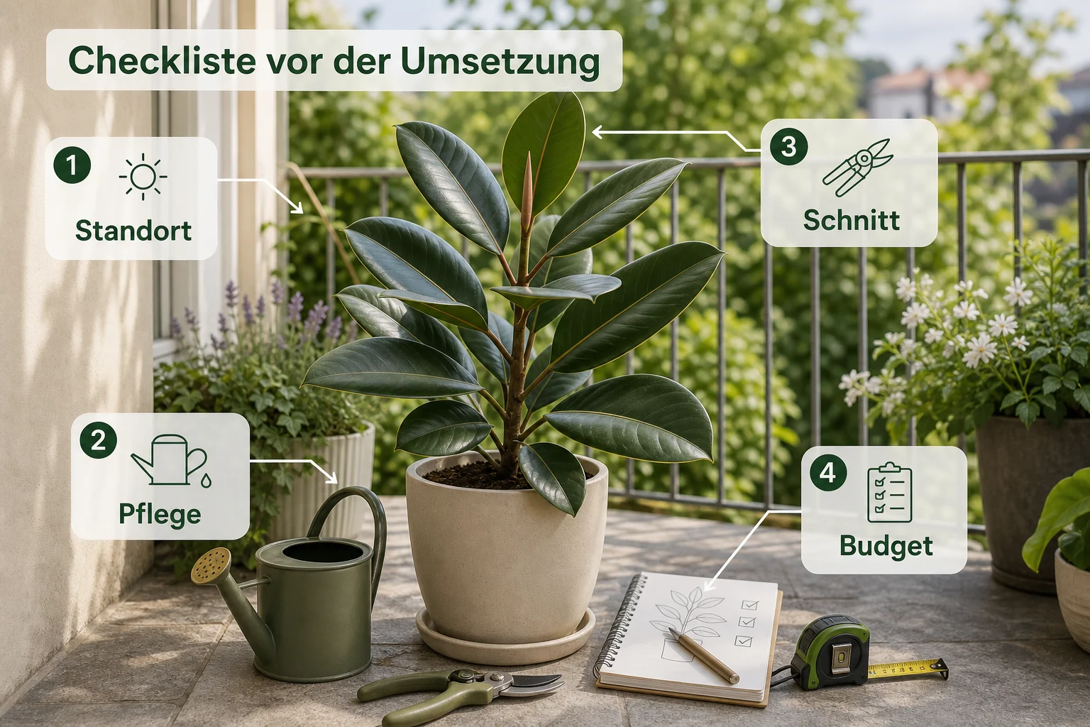 Infografik: Checkliste vor der Umsetzung - Gummibaum Pflege Schneiden Standort: Anleitung, Tipps und häufige Fehler