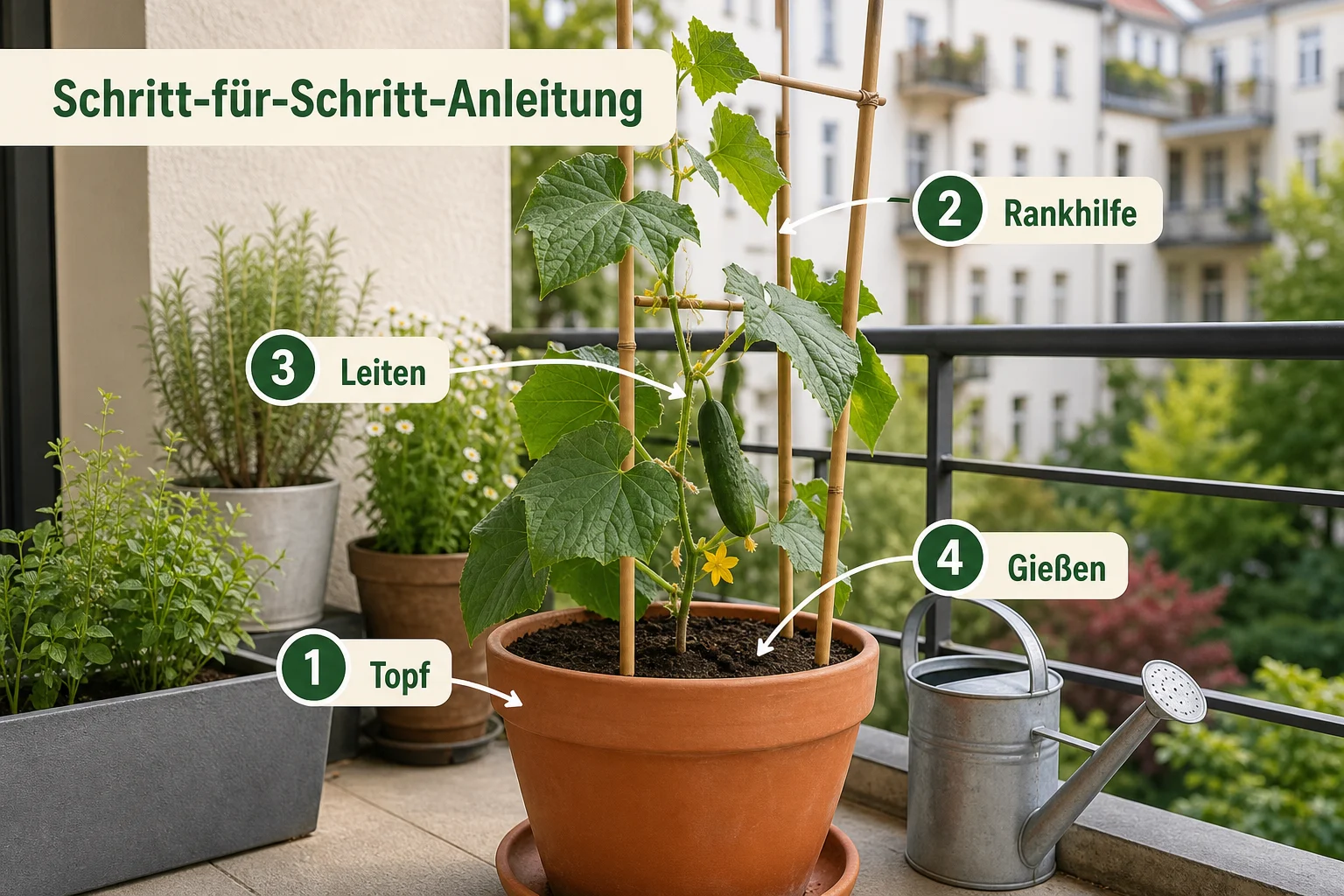 Infografik: Schritt-für-Schritt-Anleitung - Gurken Balkon Anbauen Rankhilfe Topf: Anleitung, Tipps und häufige Fehler