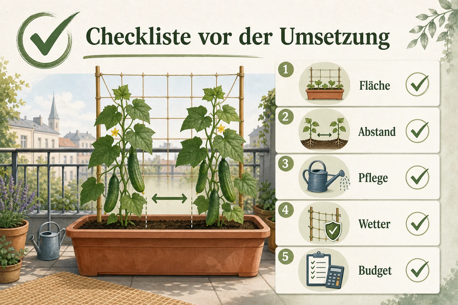 Infografik: Checkliste vor der Umsetzung - Gurken Pflanzen Abstand Rankhilfe: Anleitung, Tipps und häufige Fehler