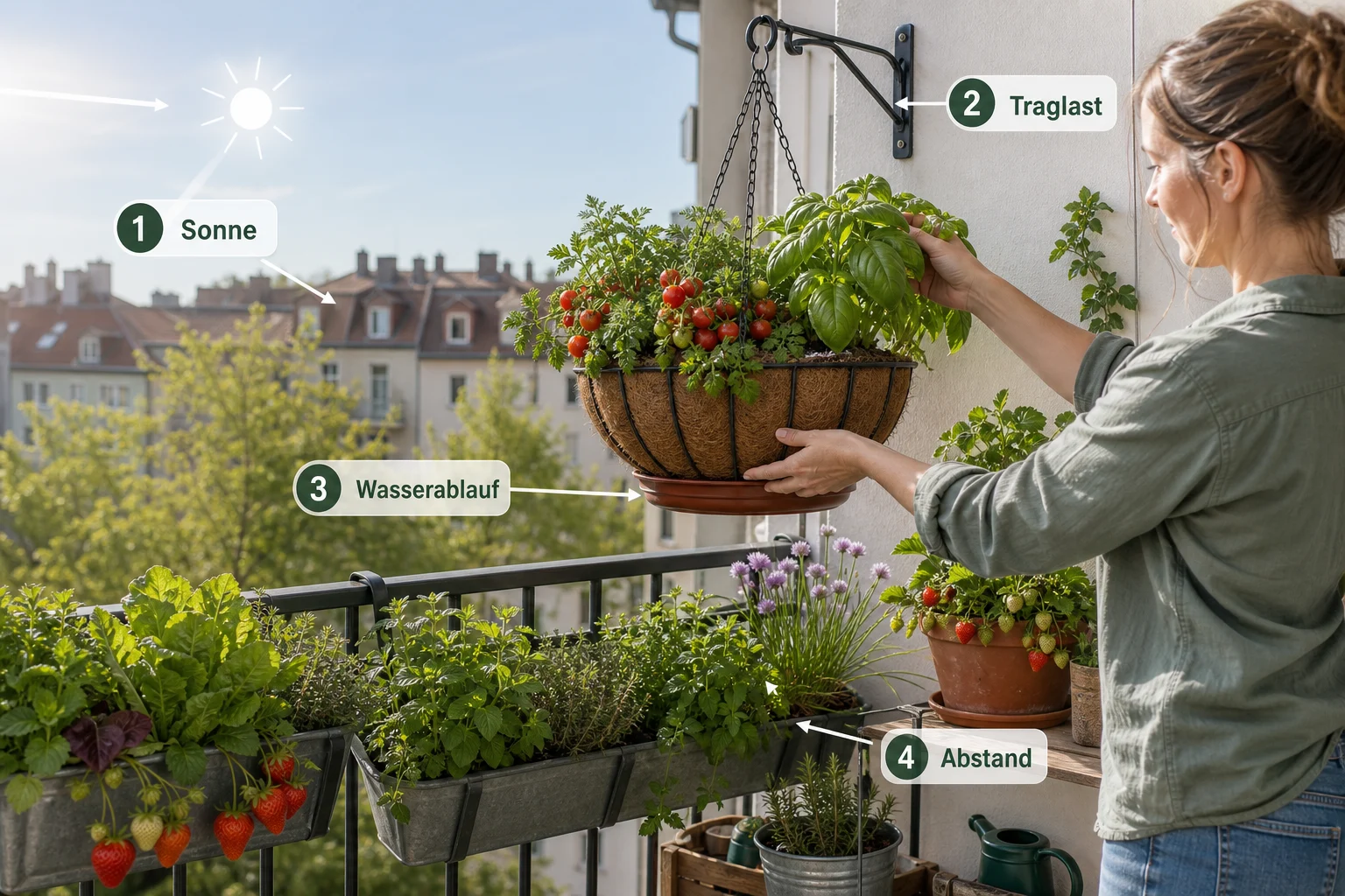 Infografik: Voraussetzungen, Standort und richtige Planung - Hängende Pflanzen Balkon Gemüse Kräuter: Anleitung, Tipps und häufige Fehler