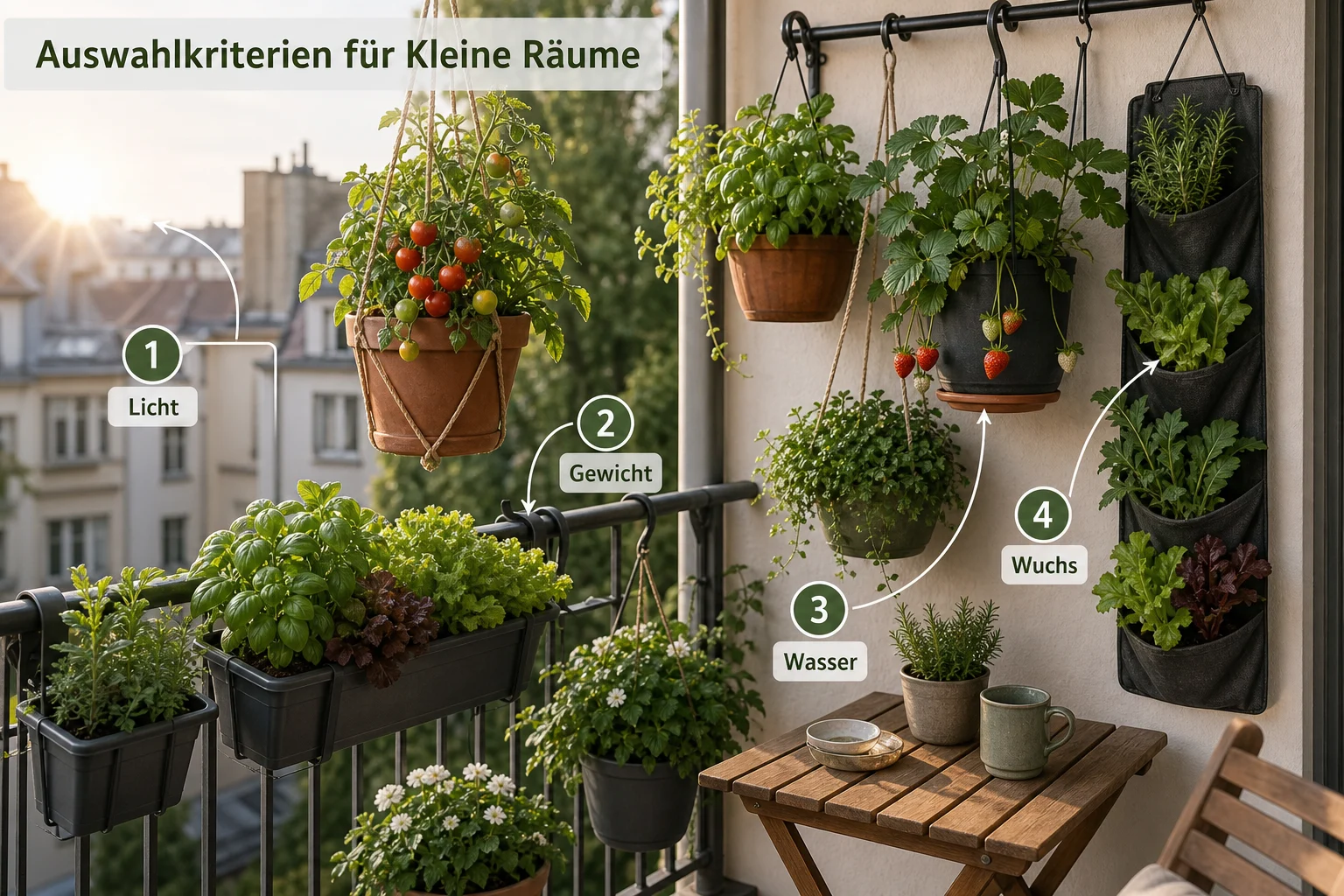 Infografik: Auswahlkriterien für Kleine Räume - Hängende Pflanzen Balkon Gemüse Kräuter: Anleitung, Tipps und häufige Fehler