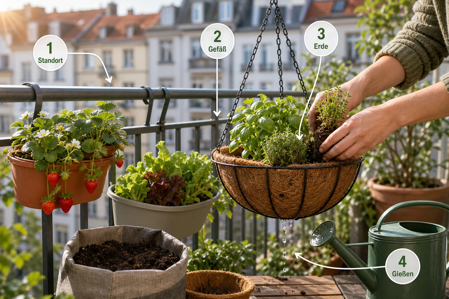 Infografik: Schritt-für-Schritt-Anleitung - Hängende Pflanzen Balkon Gemüse Kräuter: Anleitung, Tipps und häufige Fehler