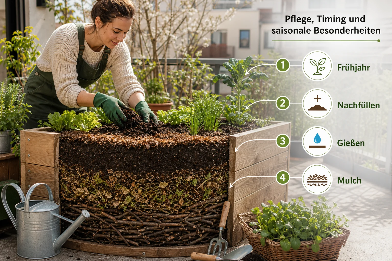 Infografik: Pflege, Timing und saisonale Besonderheiten - Hochbeet Befüllen Schichten Reihenfolge Anleitung: Schritt-für-Schritt erklärt