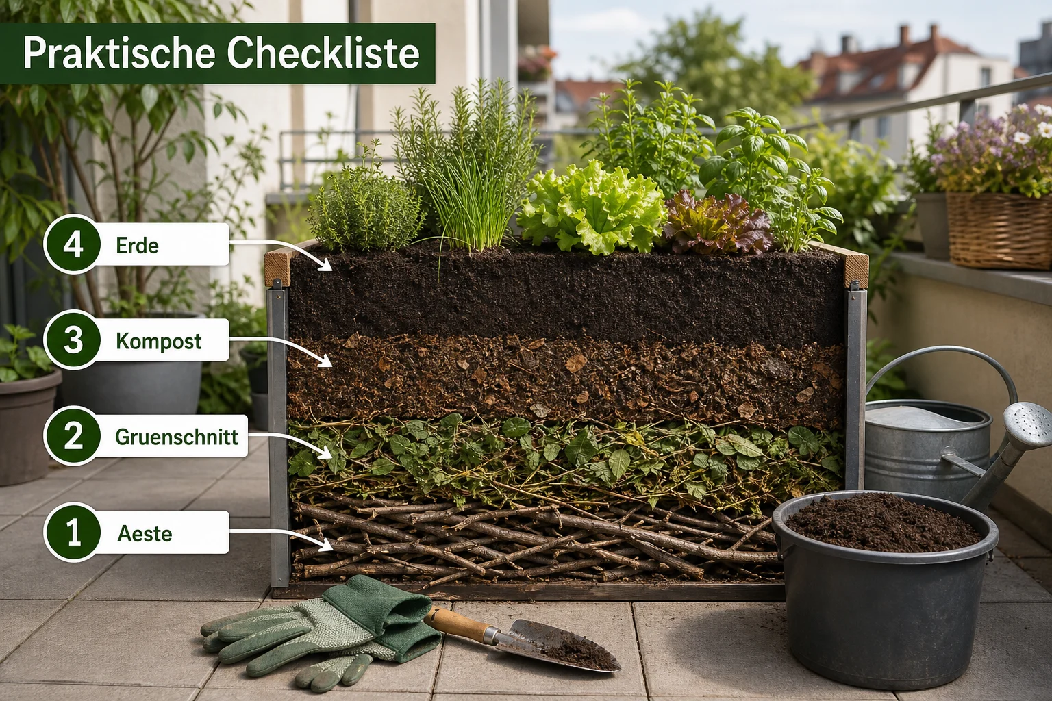 Infografik: Praktische Checkliste - Hochbeet Befüllen Schichten Reihenfolge Anleitung: Schritt-für-Schritt erklärt