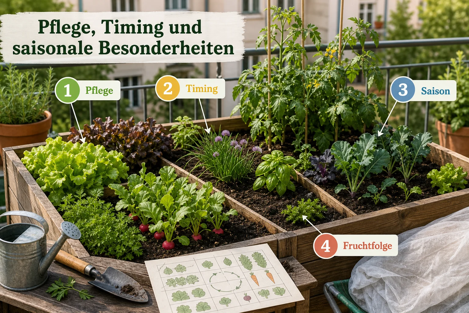 Infografik: Pflege, Timing und saisonale Besonderheiten - Hochbeet Fruchtfolge Tabelle Beispiele: Tabelle, Beispiele und Tipps