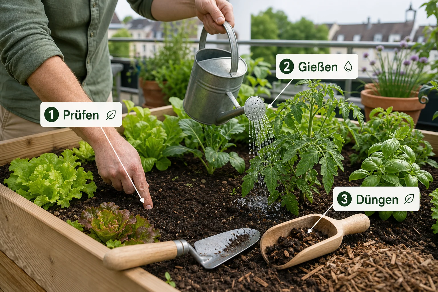 Infografik: Schritt-für-Schritt-Anleitung - Hochbeet Pflege Gießen Düngen Tipps: Anleitung, Tipps und häufige Fehler