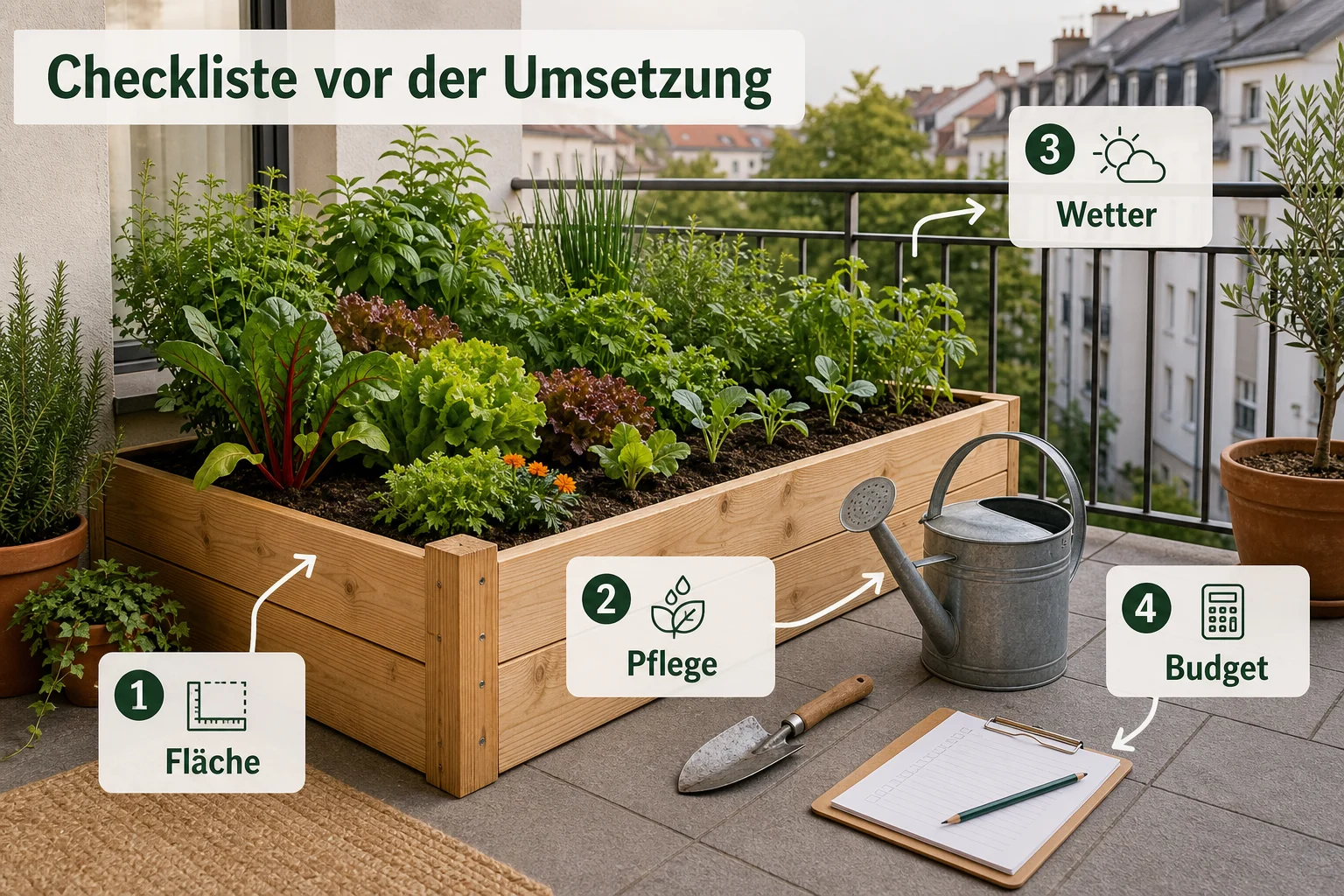 Infografik: Checkliste vor der Umsetzung - Hochbeet Pflege Gießen Düngen Tipps: Anleitung, Tipps und häufige Fehler