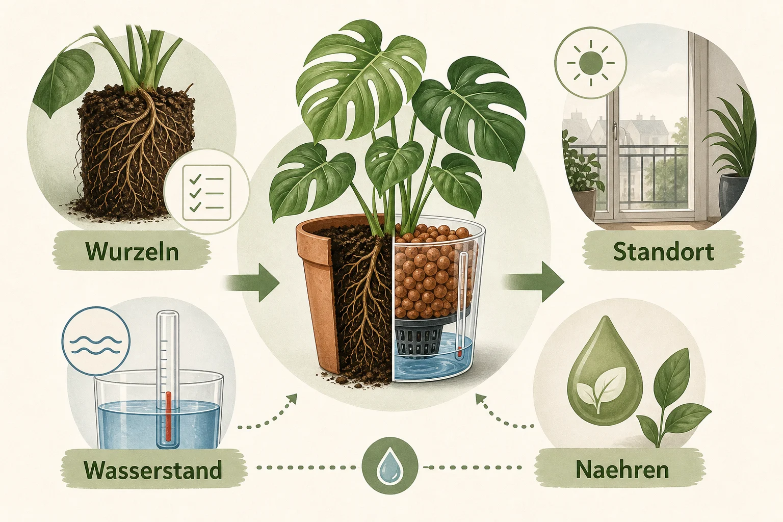 Infografik: Auswahlkriterien für Pflege-Grundlagen - Hydrokultur Umstellen Anleitung Vorteile: Schritt-für-Schritt erklärt
