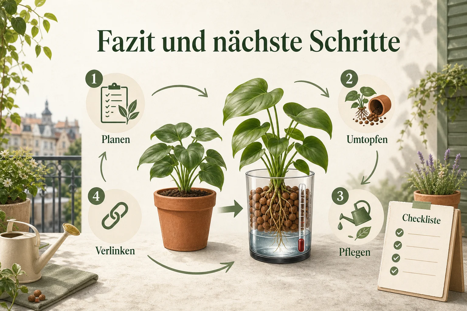 Infografik: Fazit und nächste Schritte - Hydrokultur Umstellen Anleitung Vorteile: Schritt-für-Schritt erklärt