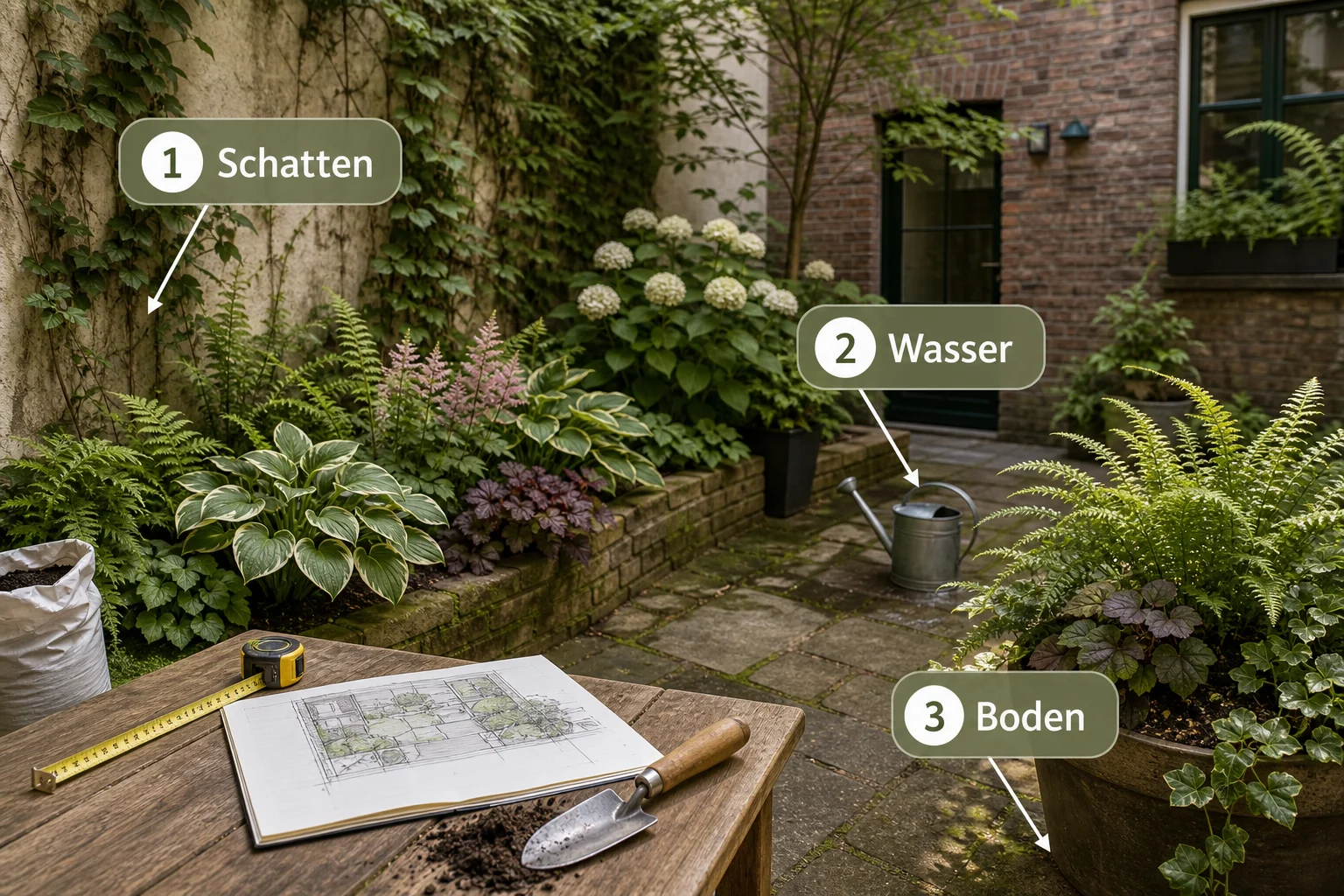 Infografik: Voraussetzungen, Standort und richtige Planung - Innenhof Begrünen Schattenpflanzen: Anleitung, Tipps und häufige Fehler