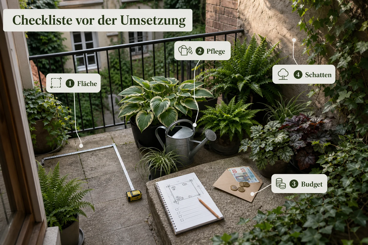Infografik: Checkliste vor der Umsetzung - Innenhof Begrünen Schattenpflanzen: Anleitung, Tipps und häufige Fehler