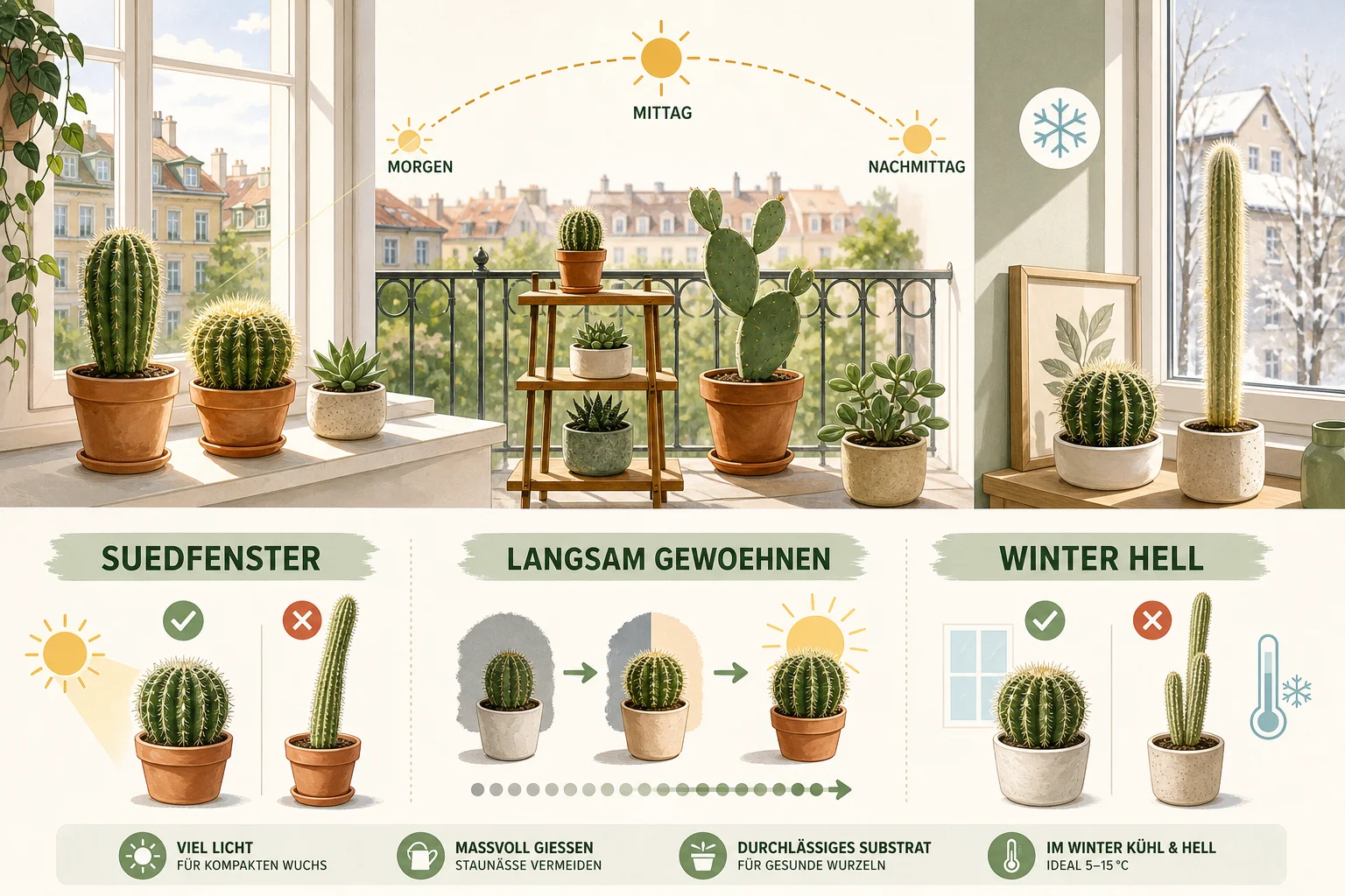 Infografik: Voraussetzungen, Standort und richtige Planung - Kakteen Pflege Gießen Überwintern: Anleitung, Tipps und häufige Fehler