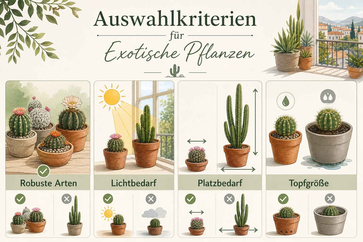 Infografik: Auswahlkriterien für Exotische Pflanzen - Kakteen Pflege Gießen Überwintern: Anleitung, Tipps und häufige Fehler