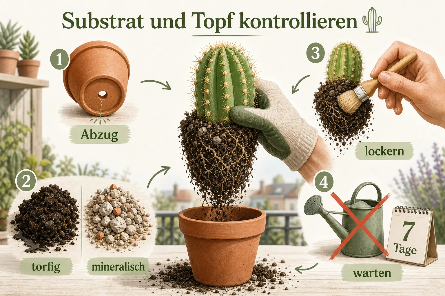 Infografik: 2. Substrat und Topf kontrollieren - Kakteen Pflege Gießen Überwintern: Anleitung, Tipps und häufige Fehler