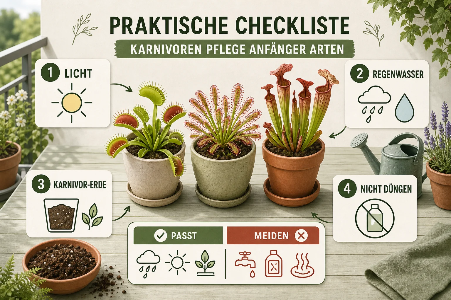 Infografik: Praktische Checkliste - Karnivoren Pflege Anfänger Arten: Anleitung, Tipps und häufige Fehler