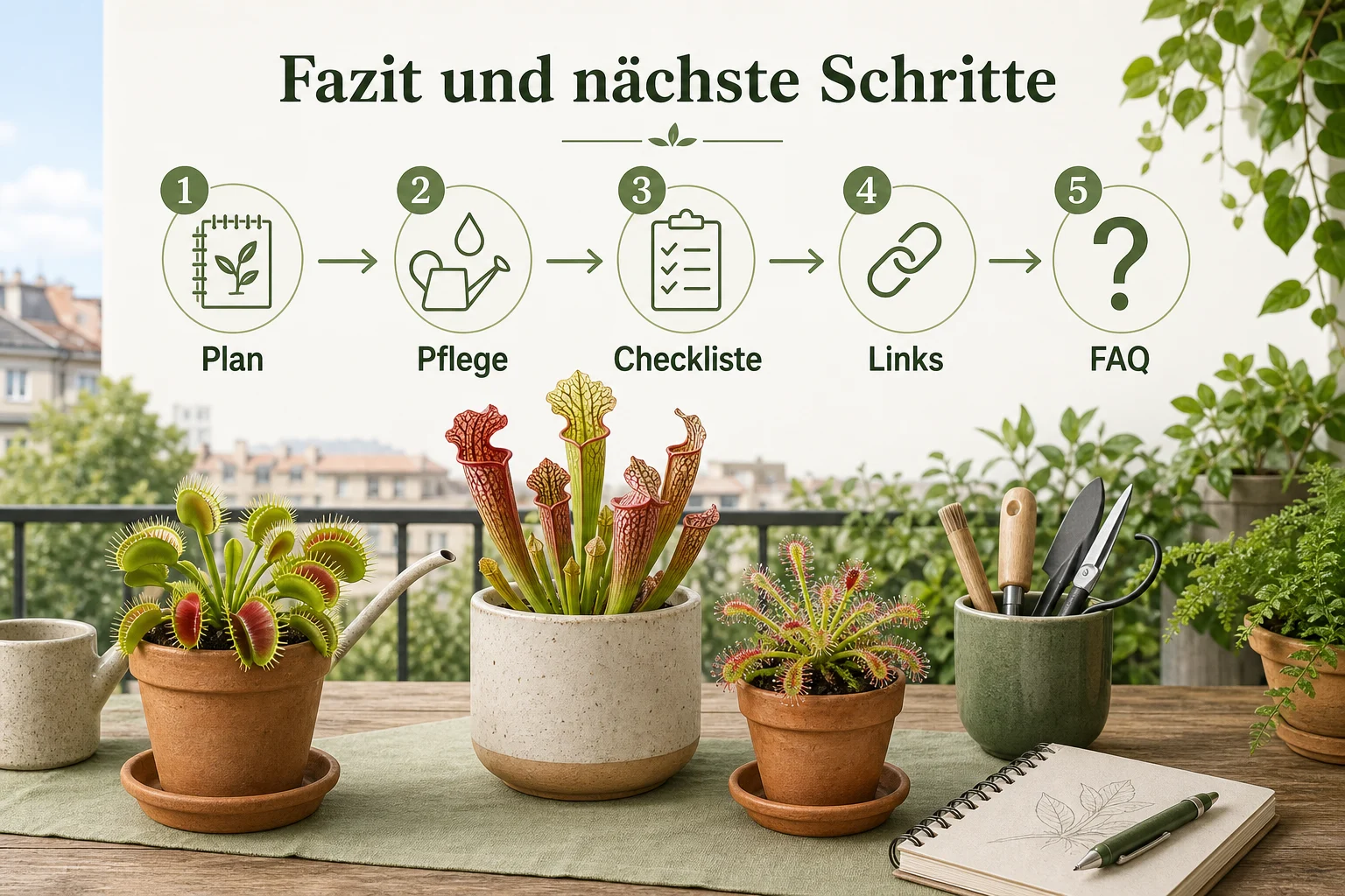 Infografik: Fazit und nächste Schritte - Karnivoren Pflege Anfänger Arten: Anleitung, Tipps und häufige Fehler