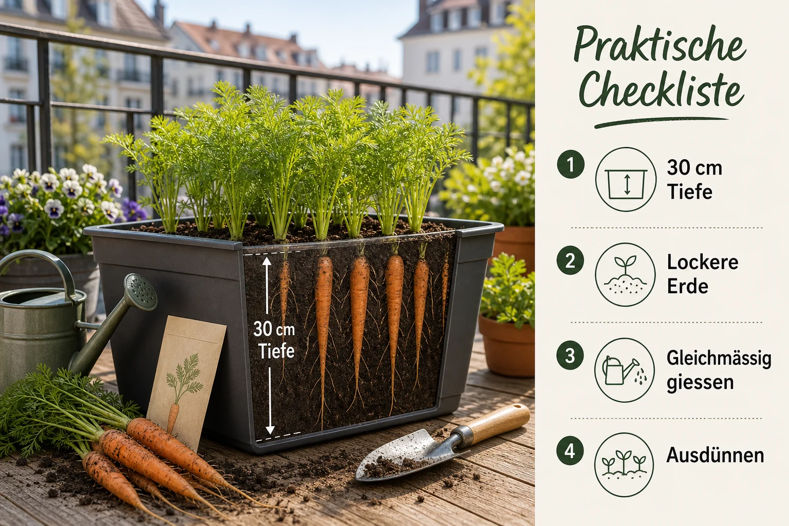 Infografik: Praktische Checkliste - Karotten Anbauen Balkon Topf Tiefe: Anleitung, Tipps und häufige Fehler