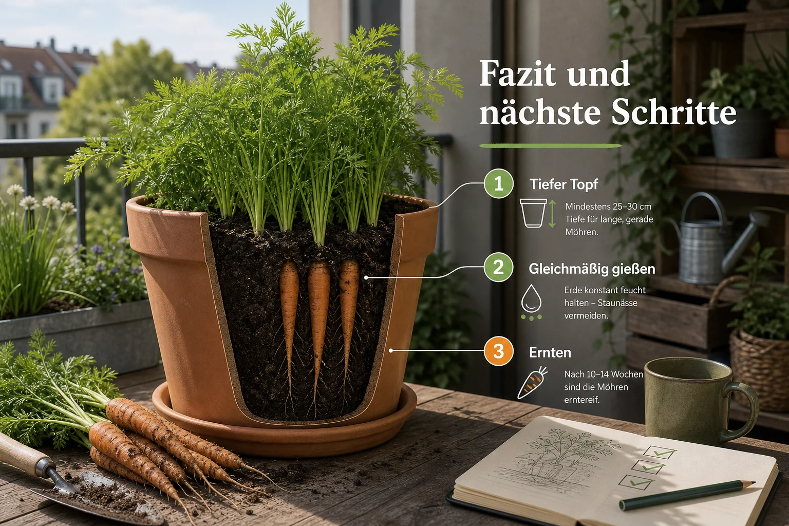 Infografik: Fazit und nächste Schritte - Karotten Anbauen Balkon Topf Tiefe: Anleitung, Tipps und häufige Fehler
