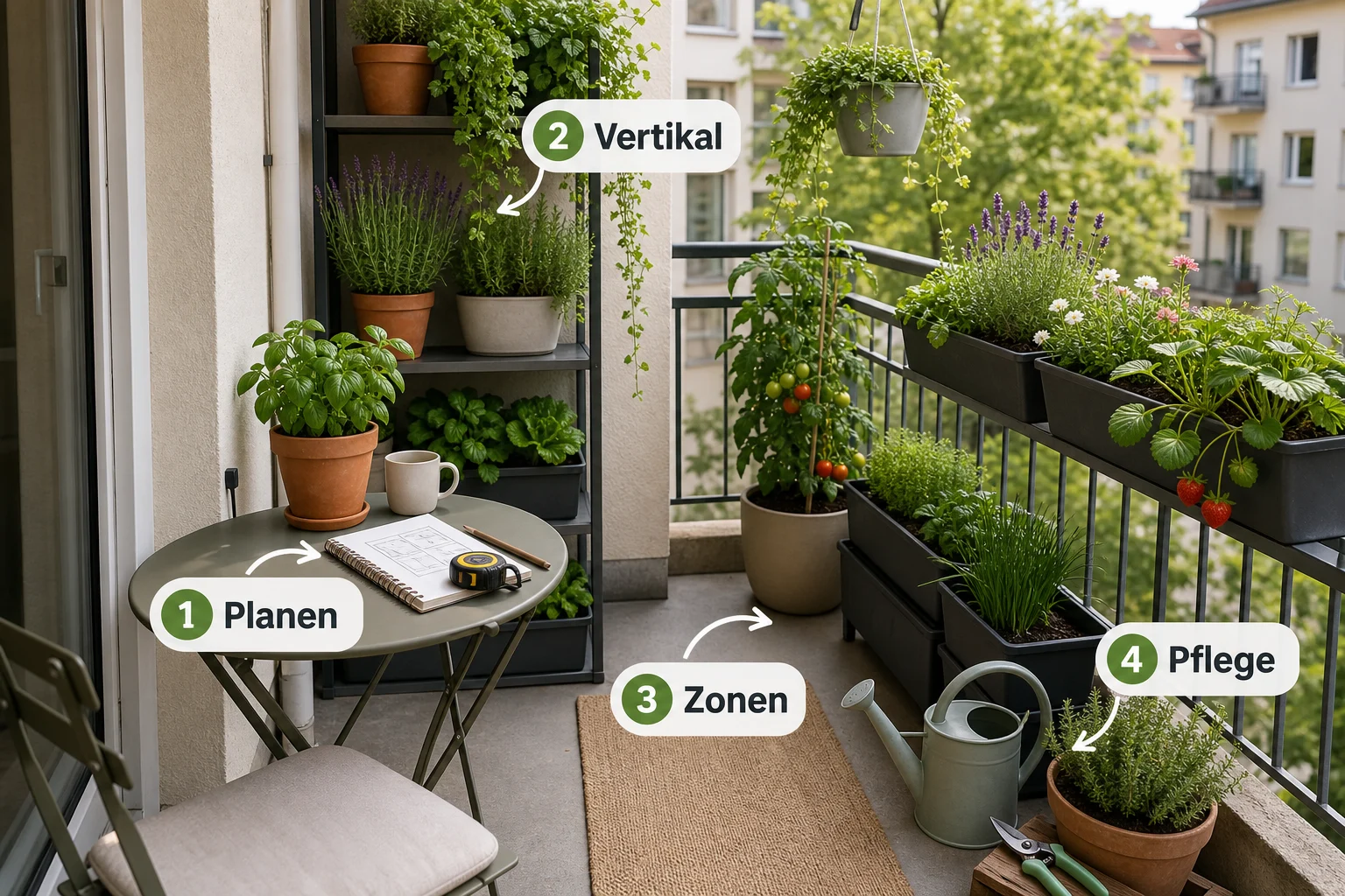 Infografik: Schritt-für-Schritt-Anleitung - Kleine Balkone Gestalten Pflanzen Platz: Anleitung, Tipps und häufige Fehler