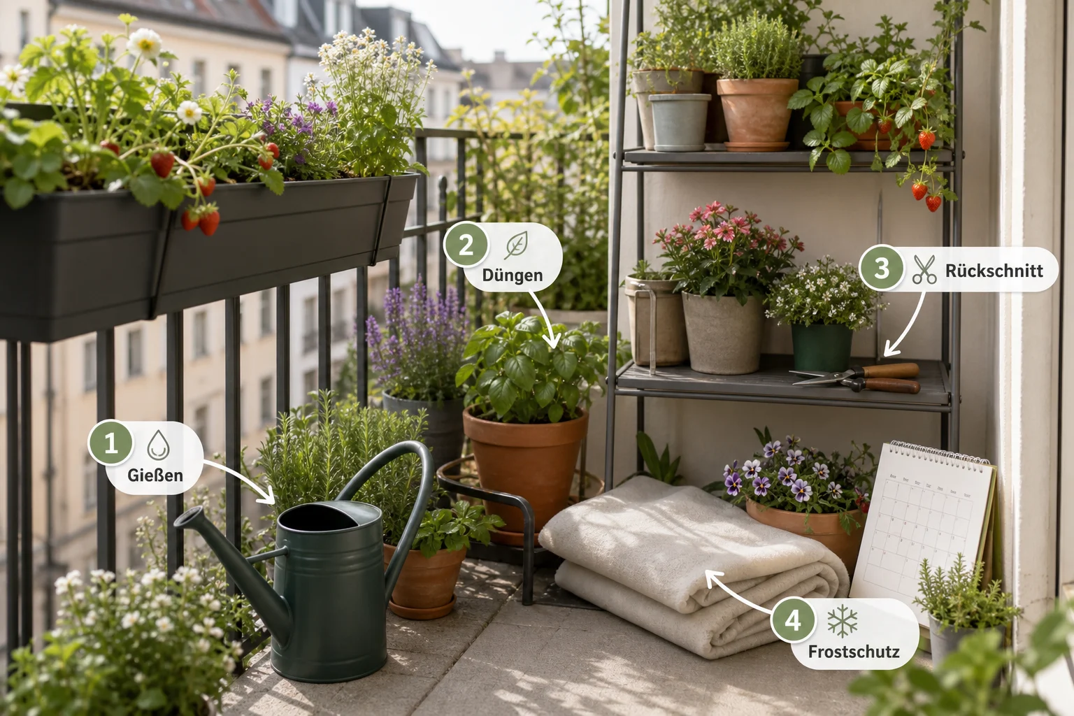 Infografik: Pflege, Timing und saisonale Besonderheiten - Kleine Balkone Gestalten Pflanzen Platz: Anleitung, Tipps und häufige Fehler