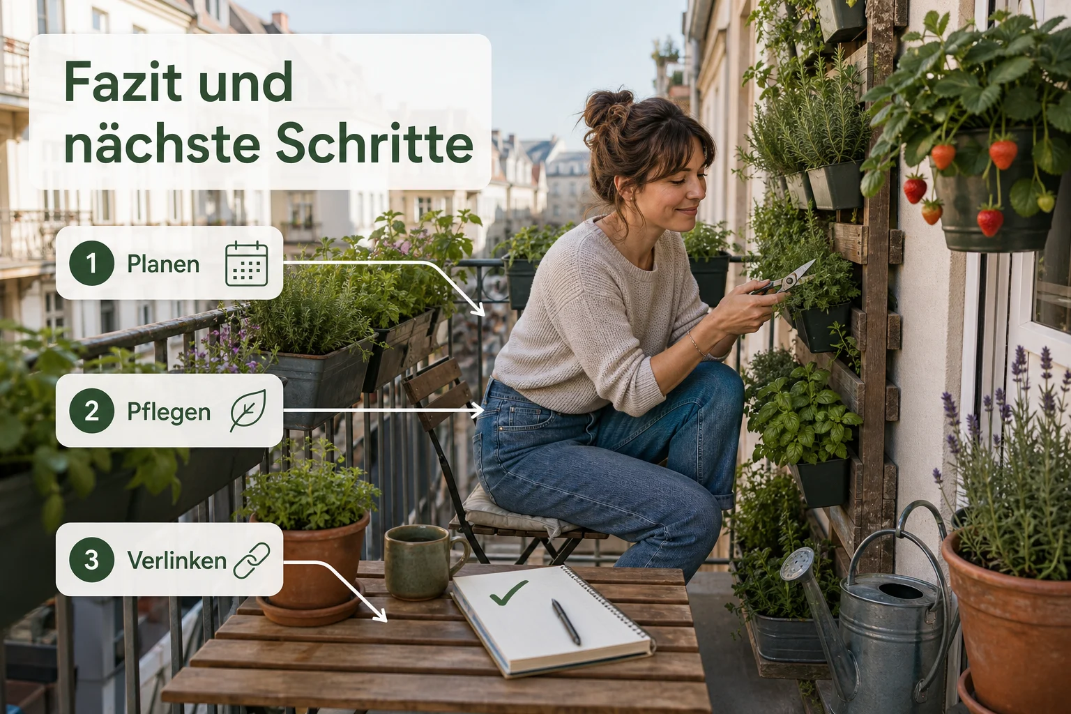 Infografik: Fazit und nächste Schritte - Kleine Balkone Gestalten Pflanzen Platz: Anleitung, Tipps und häufige Fehler