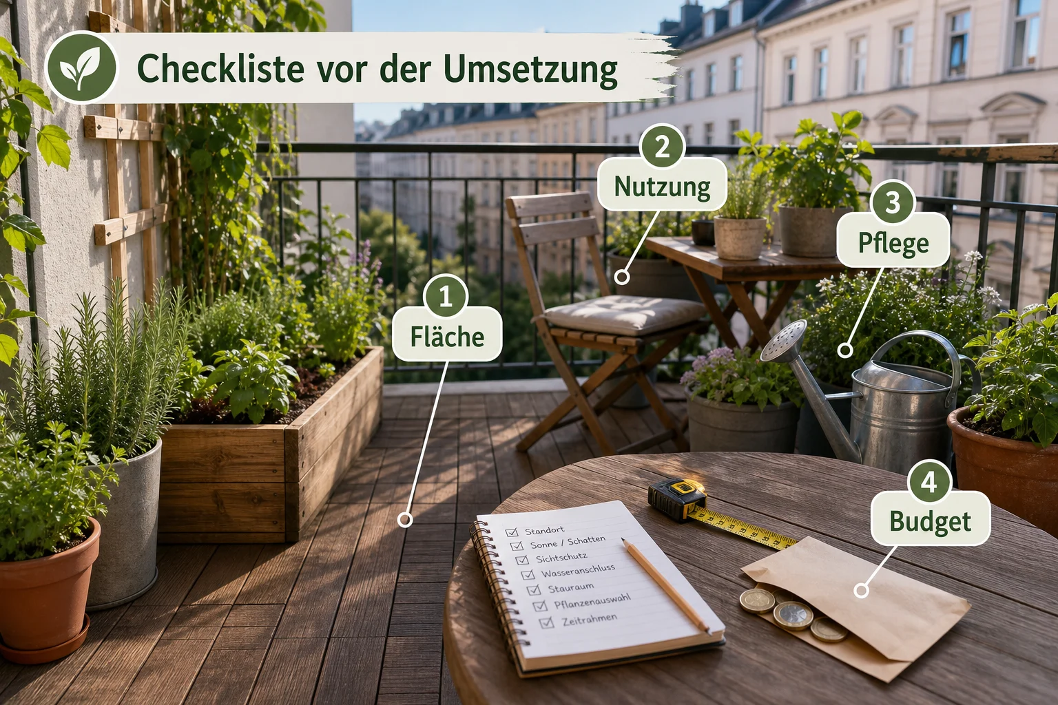 Infografik: Checkliste vor der Umsetzung - Kleingarten Gestalten Ideen Anfänger: Anleitung, Tipps und häufige Fehler
