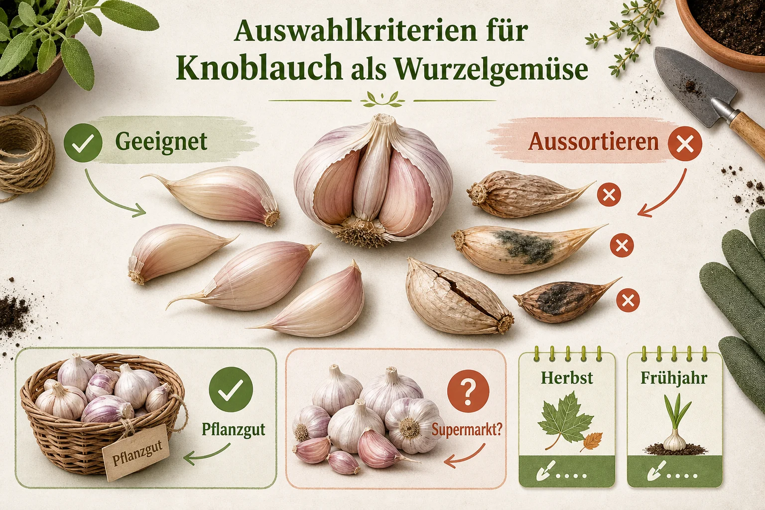Infografik: Auswahlkriterien für Knoblauch als Wurzelgemüse - Knoblauch Pflanzen Zeitpunkt Ernten: Anleitung, Tipps und häufige Fehler