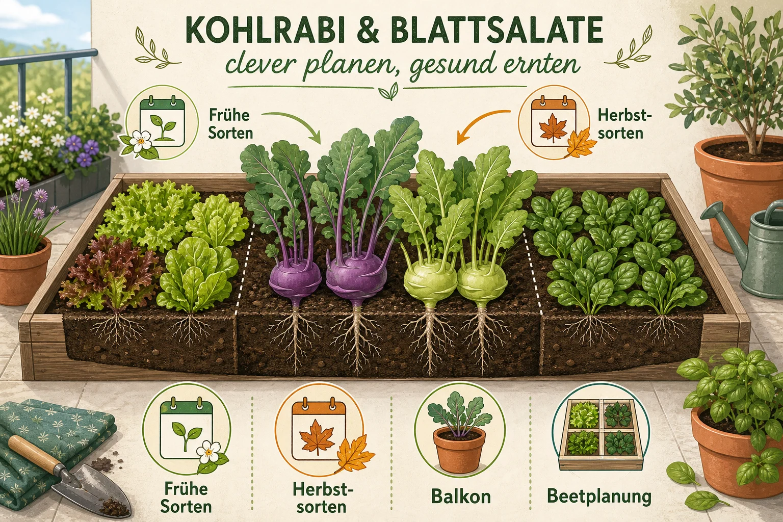 Infografik: Auswahlkriterien für Kohlrabi innerhalb von Blattgemüse und Salaten - Kohlrabi anbauen: Zeitpunkt planen und richtig ernten