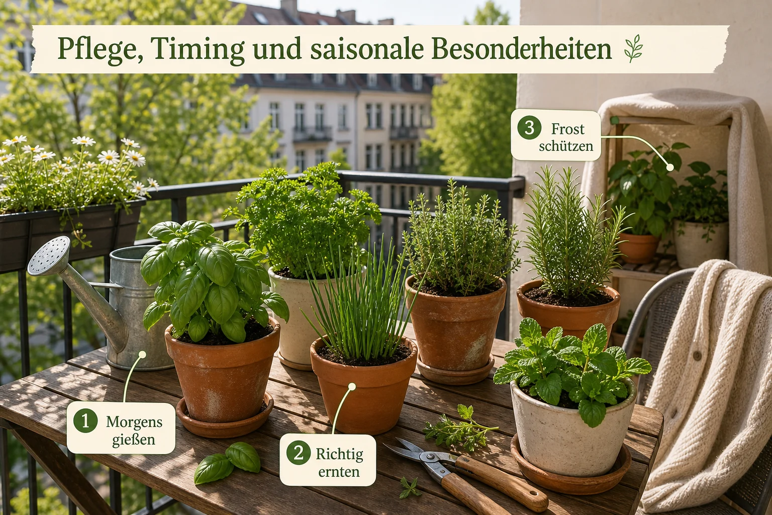 Infografik: Pflege, Timing und saisonale Besonderheiten - Kräutergarten Anlegen Anfänger Balkon: Anleitung, Tipps und häufige Fehler