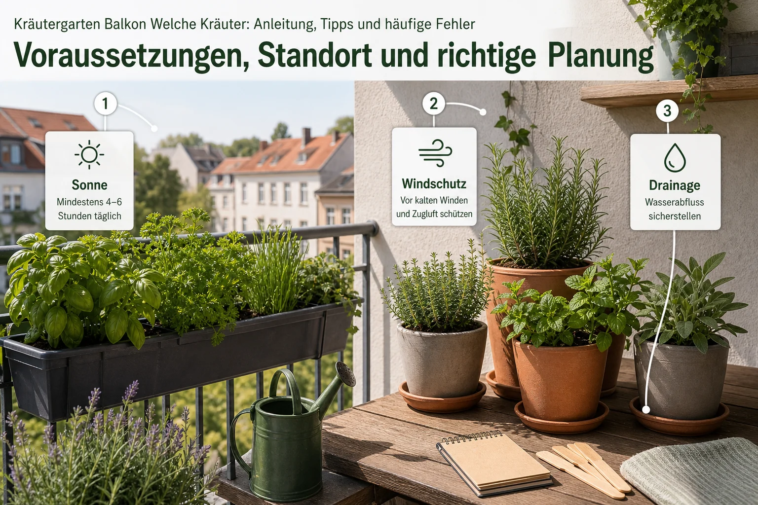 Infografik: Voraussetzungen, Standort und richtige Planung - Kräutergarten Balkon Welche Kräuter: Anleitung, Tipps und häufige Fehler