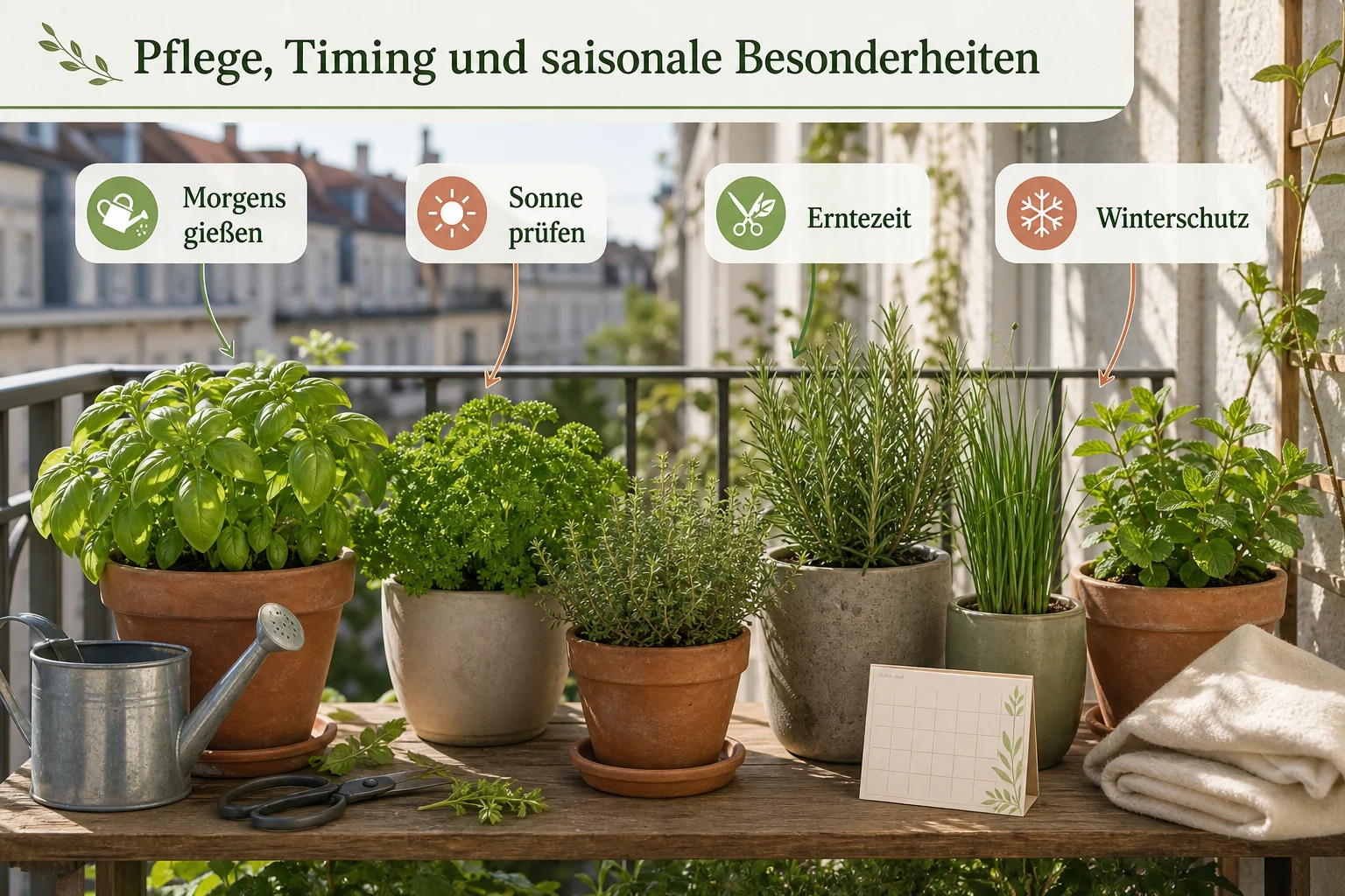 Infografik: Pflege, Timing und saisonale Besonderheiten - Kräutergarten Balkon Welche Kräuter: Anleitung, Tipps und häufige Fehler