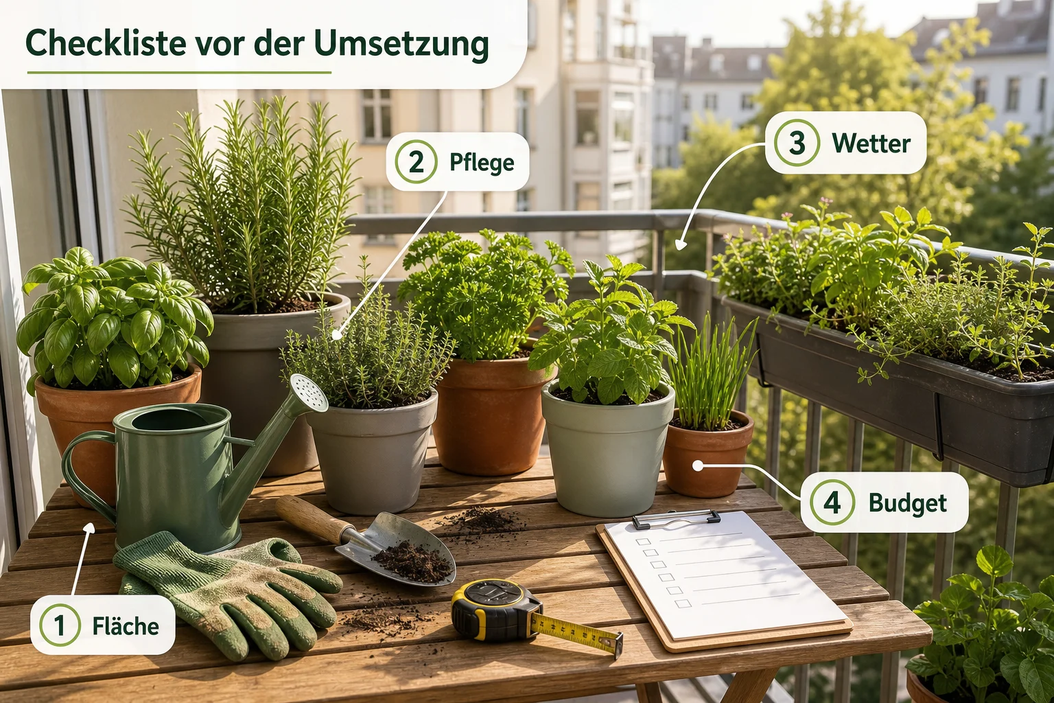 Infografik: Checkliste vor der Umsetzung - Kräutergarten Balkon Welche Kräuter: Anleitung, Tipps und häufige Fehler