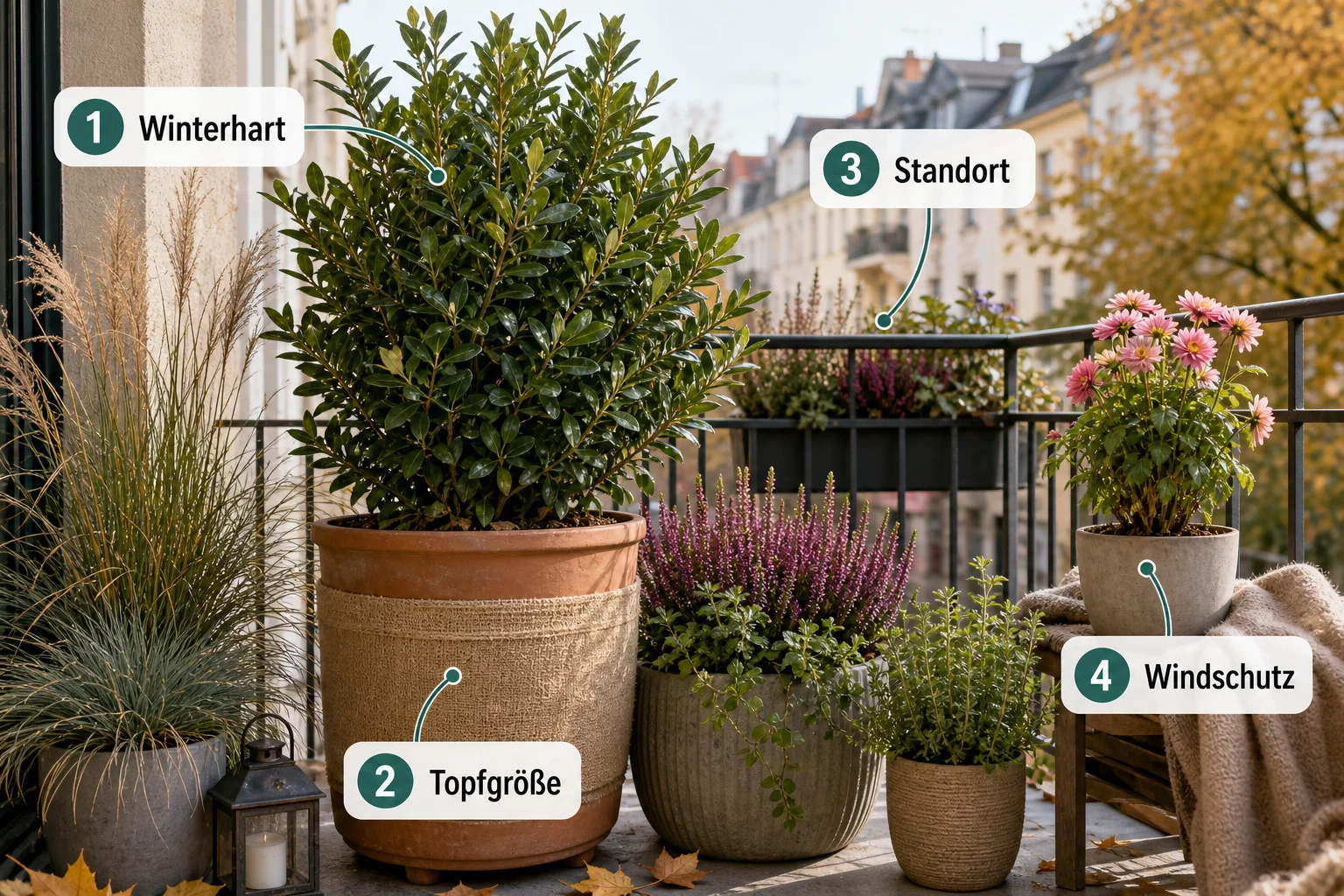 Infografik: Auswahlkriterien für Balkonpflanzen - Kübelpflanzen Balkon Winterfest Machen: Anleitung, Tipps und häufige Fehler