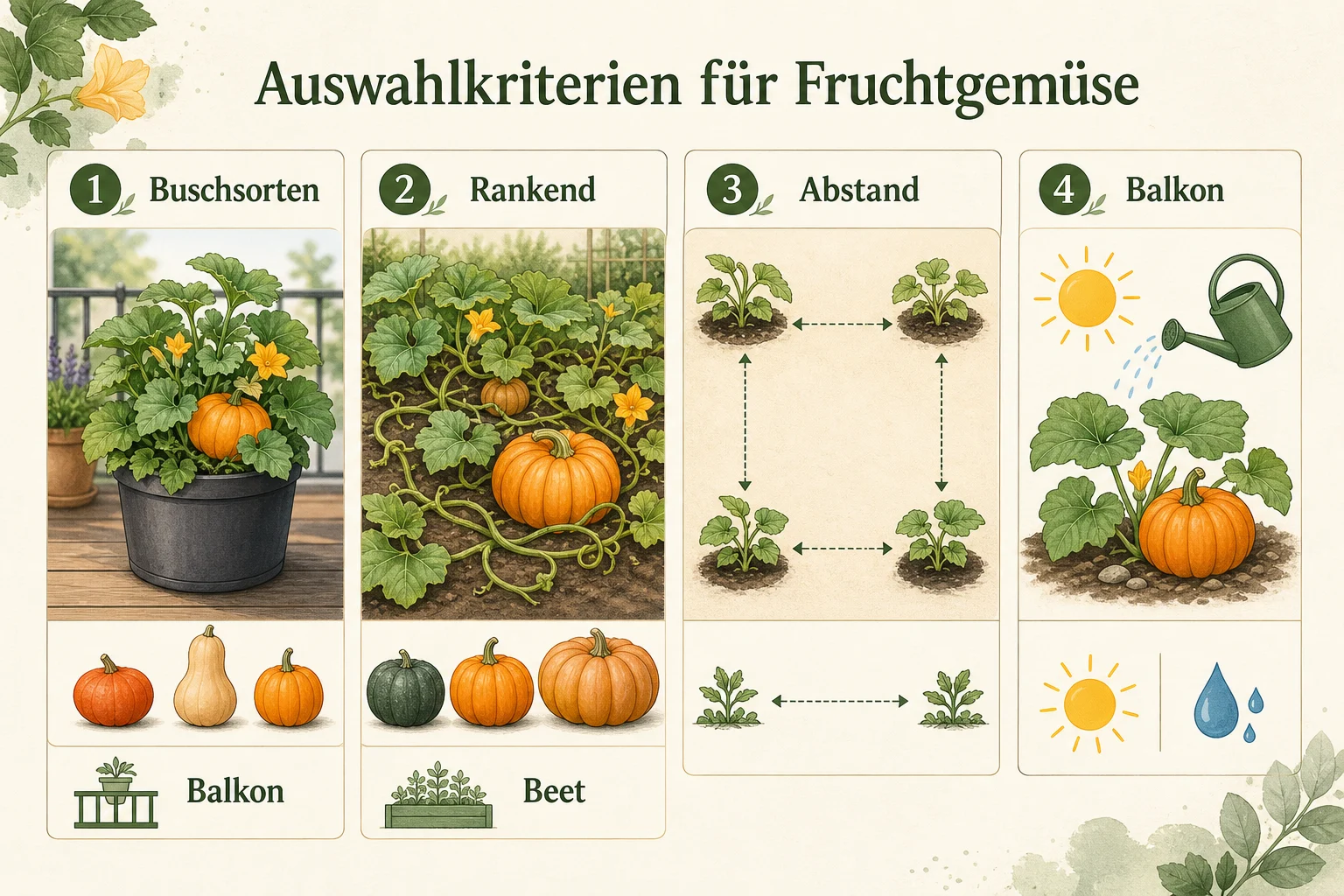 Infografik: Auswahlkriterien für Fruchtgemüse - Kürbis Pflanzen Abstand Sorte Anfänger: Anleitung, Tipps und häufige Fehler