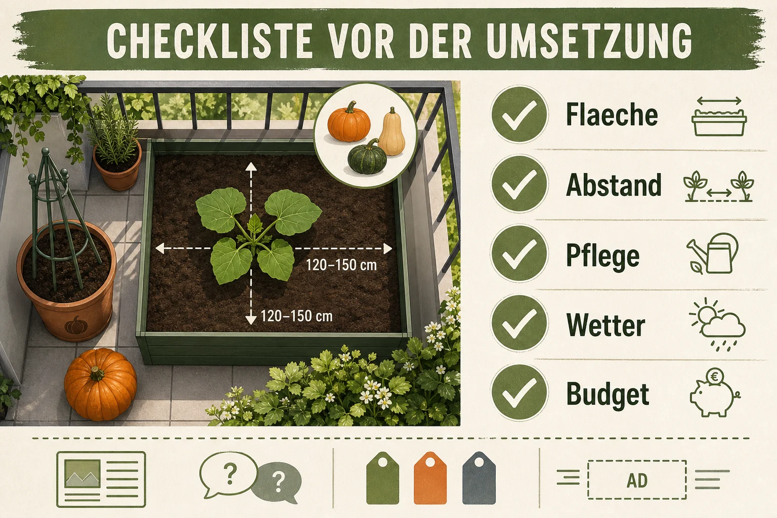 Infografik: Checkliste vor der Umsetzung - Kürbis Pflanzen Abstand Sorte Anfänger: Anleitung, Tipps und häufige Fehler