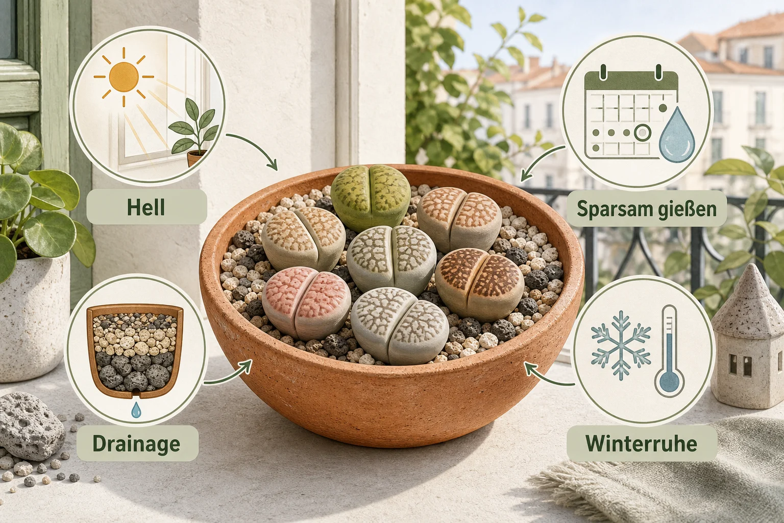 Infografik: Voraussetzungen, Standort und richtige Planung - Lithops Pflege Lebende Steine: Anleitung, Tipps und häufige Fehler
